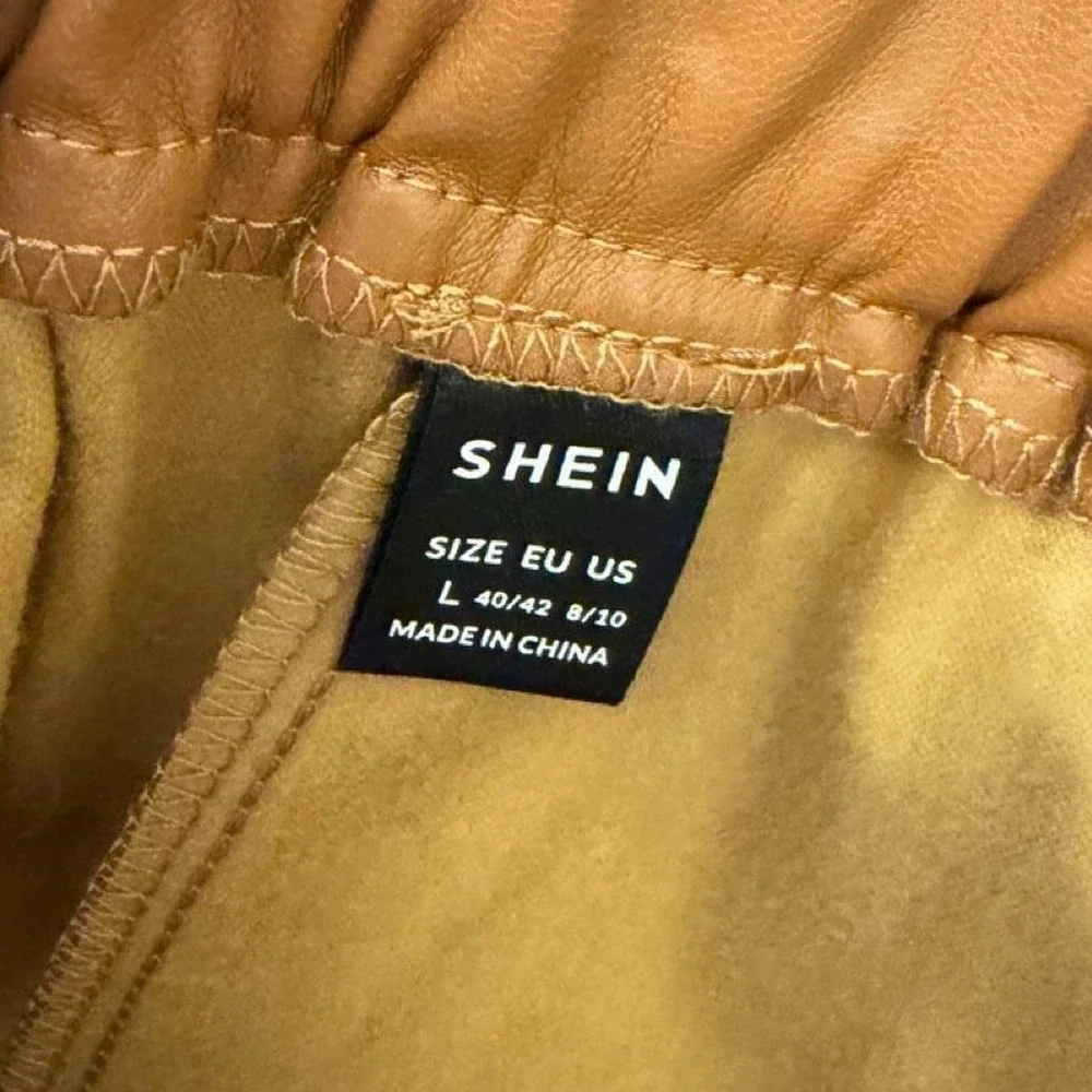 SHEIN Brown Faux Leather Belted High Waist Shorts Pockets Cognac Tan Large
